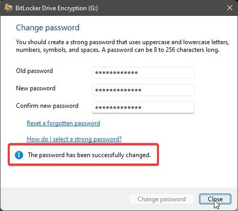 BitLocker のパスワードが変更されました